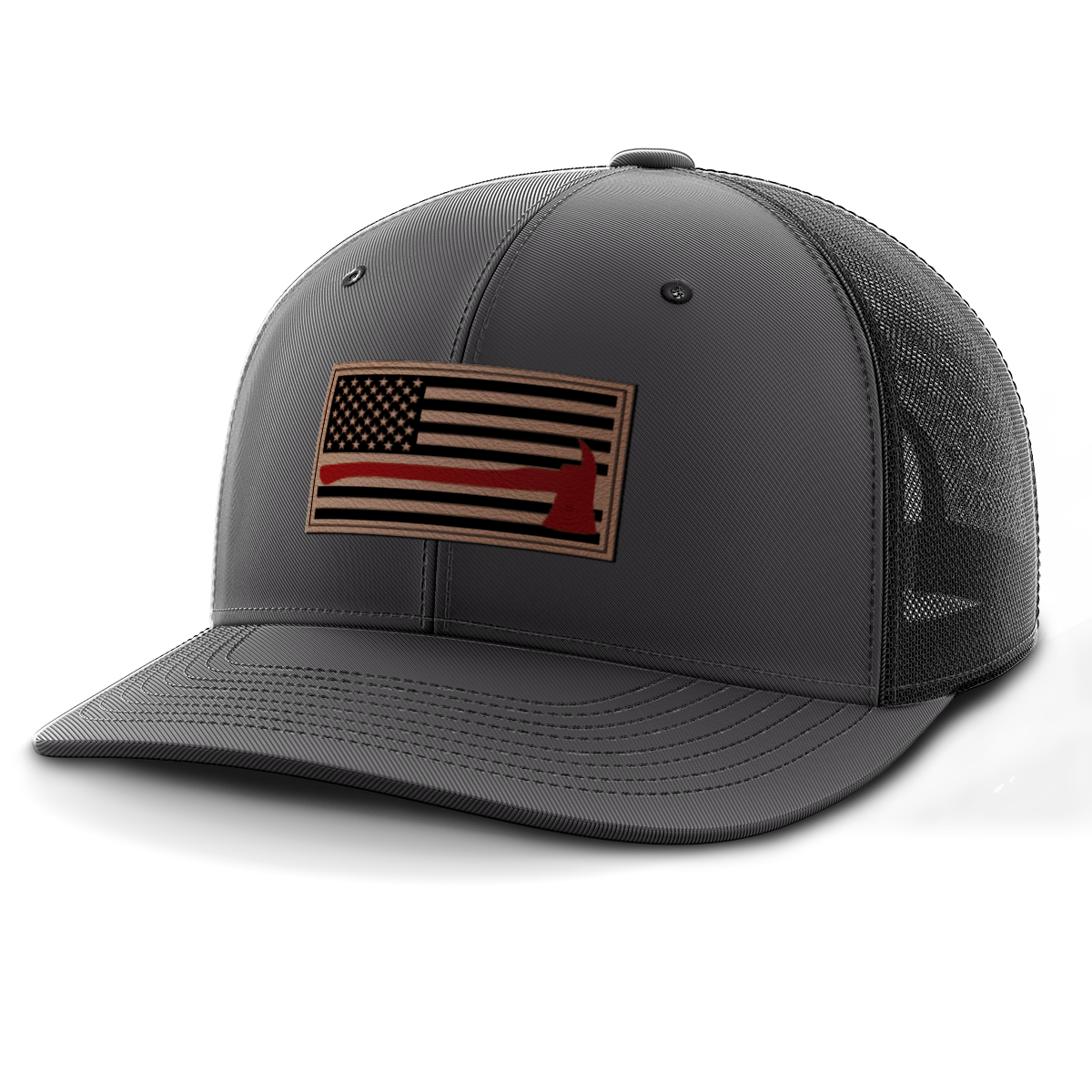 Thin Red Line Firemen Flag Hat with Axe, Leather Patch Trucker Hat