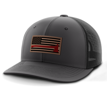 Thin Red Line Firemen Flag Hat with Axe, Leather Patch Trucker Hat