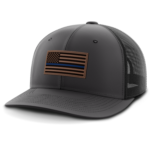 Thin Blue Line Police Flag Hat, Leather Patch Trucker Hat