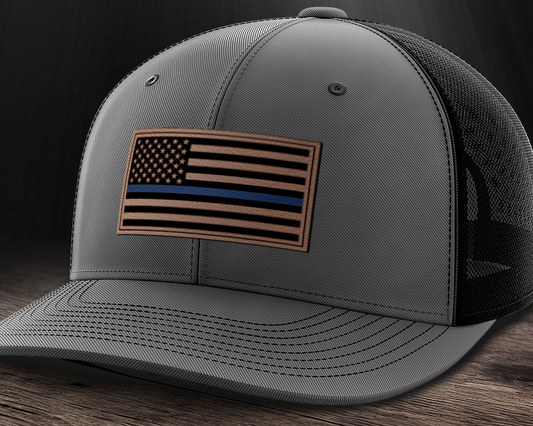 Thin Blue Line Police Flag Hat, Leather Patch Trucker Hat