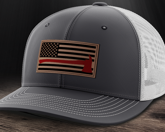 Thin Red Line Firemen Flag Hat with Axe, Leather Patch Trucker Hat