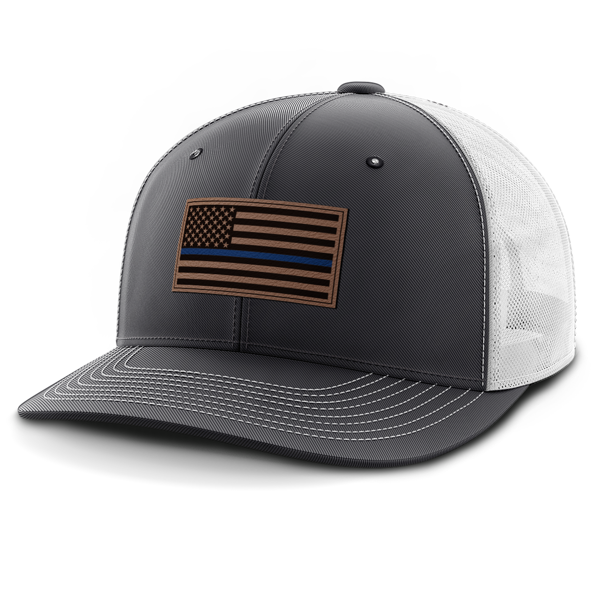 Thin Blue Line Police Flag Hat, Leather Patch Trucker Hat