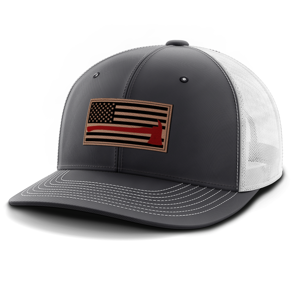 Thin Red Line Firemen Flag Hat with Axe, Leather Patch Trucker Hat