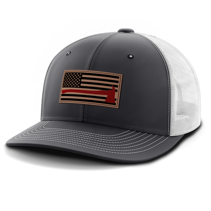 Thin Red Line Firemen Flag Hat with Axe, Leather Patch Trucker Hat