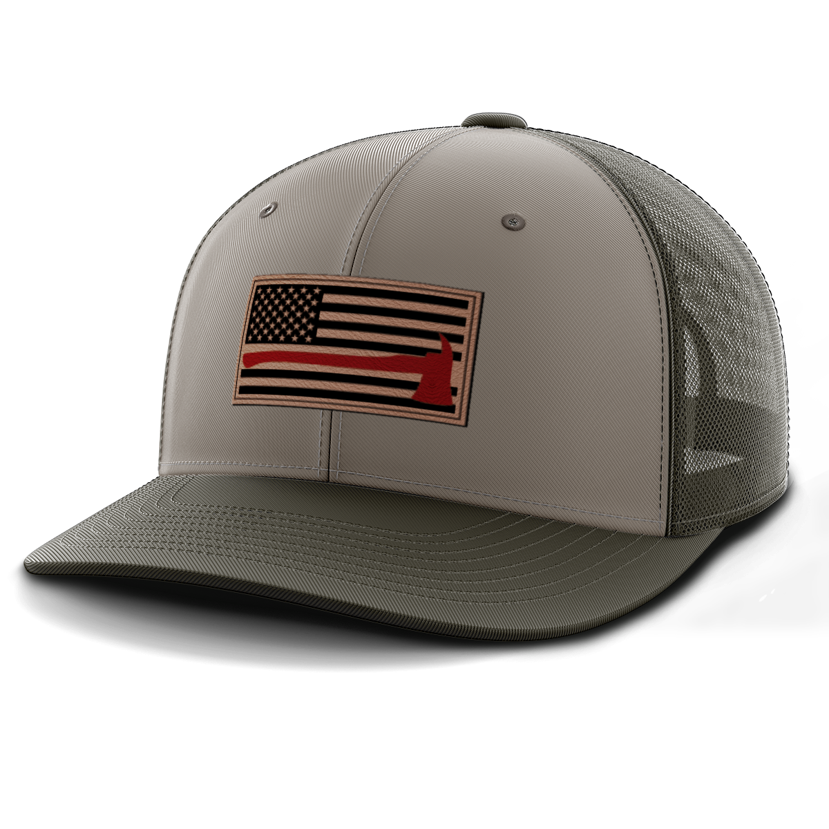 Thin Red Line Firemen Flag Hat with Axe, Leather Patch Trucker Hat
