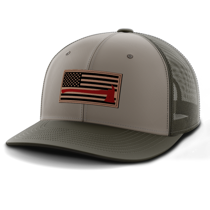 Thin Red Line Firemen Flag Hat with Axe, Leather Patch Trucker Hat