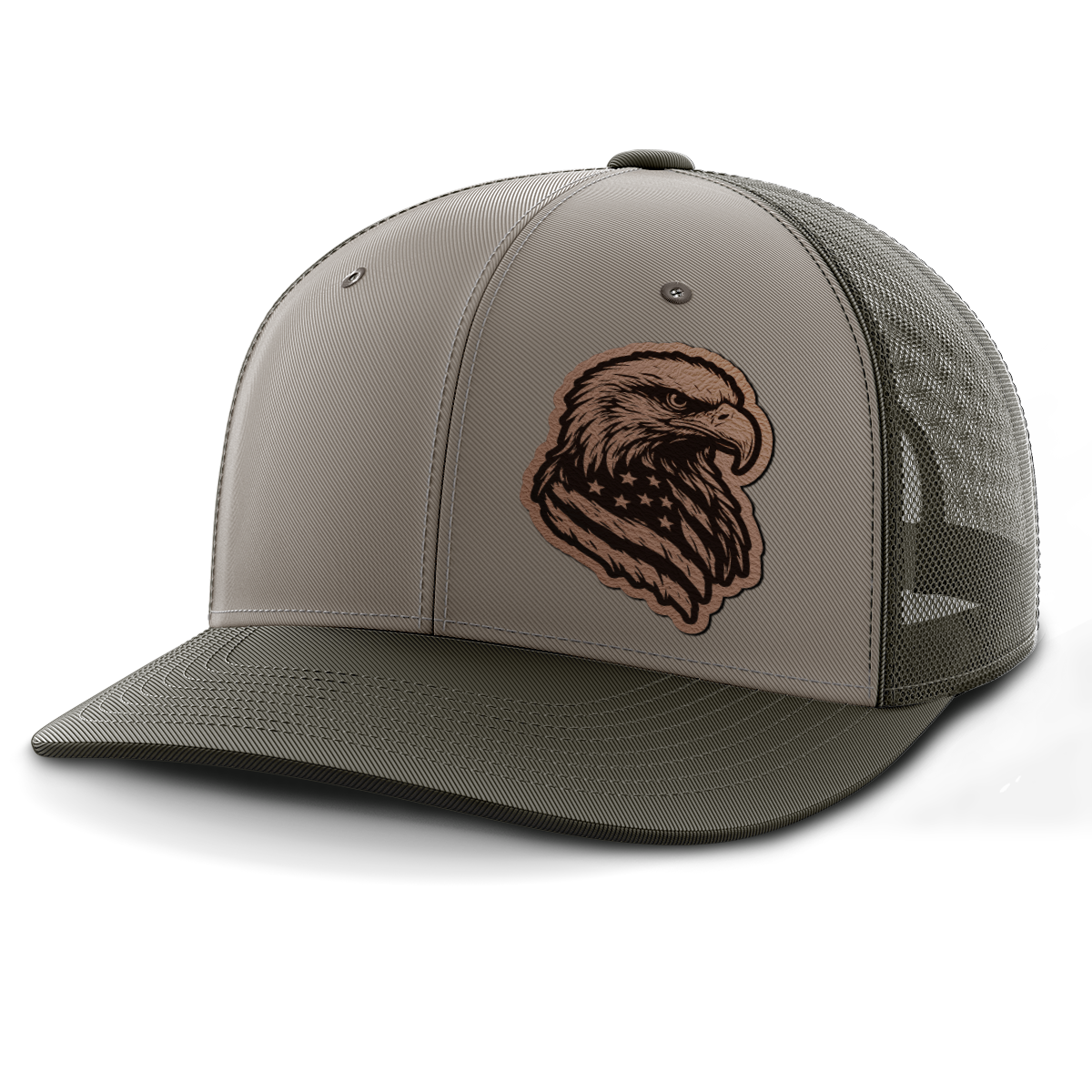 Eagle Flag (left), Leather Patch Trucker Hat
