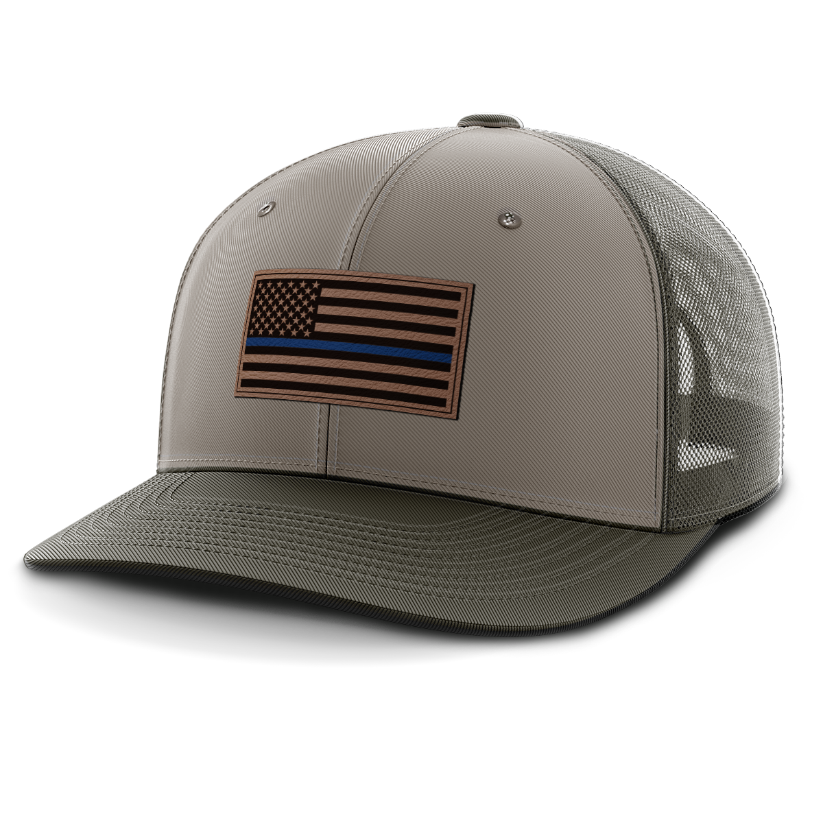 Thin Blue Line Police Flag Hat, Leather Patch Trucker Hat