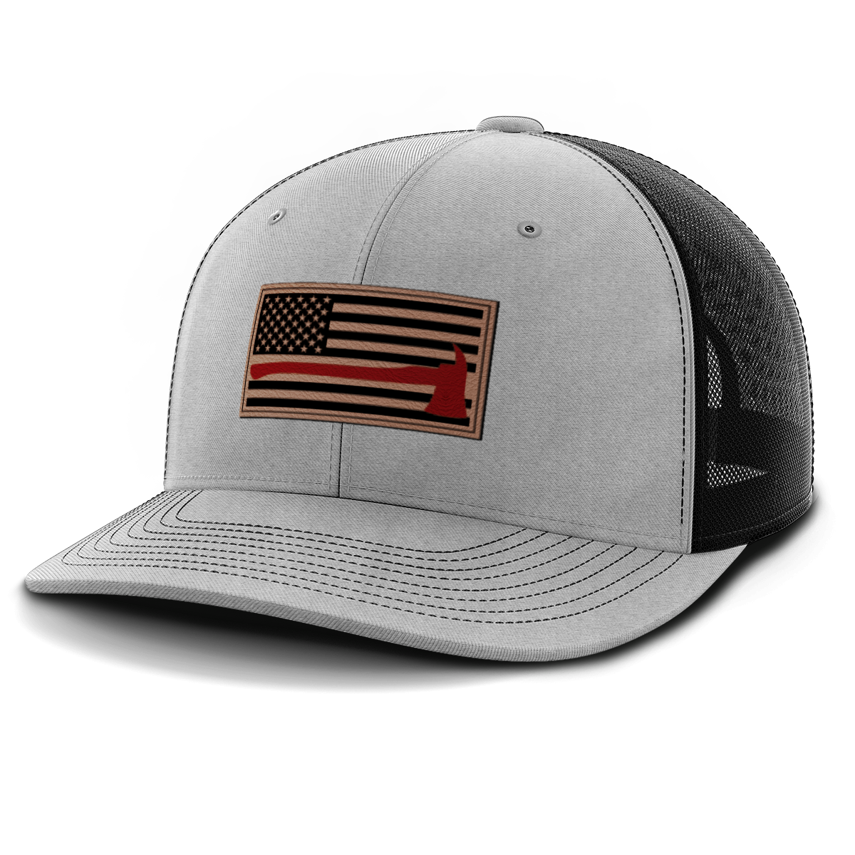 Thin Red Line Firemen Flag Hat with Axe, Leather Patch Trucker Hat