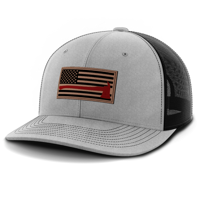Thin Red Line Firemen Flag Hat with Axe, Leather Patch Trucker Hat