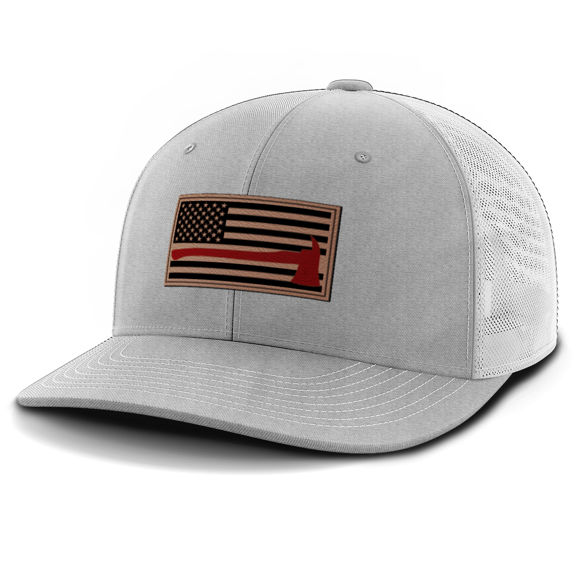 Thin Red Line Firemen Flag Hat with Axe, Leather Patch Trucker Hat