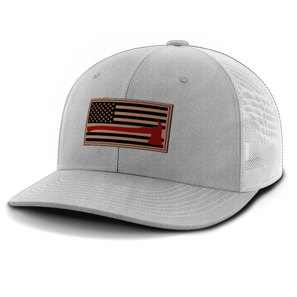 Thin Red Line Firemen Flag Hat with Axe, Leather Patch Trucker Hat