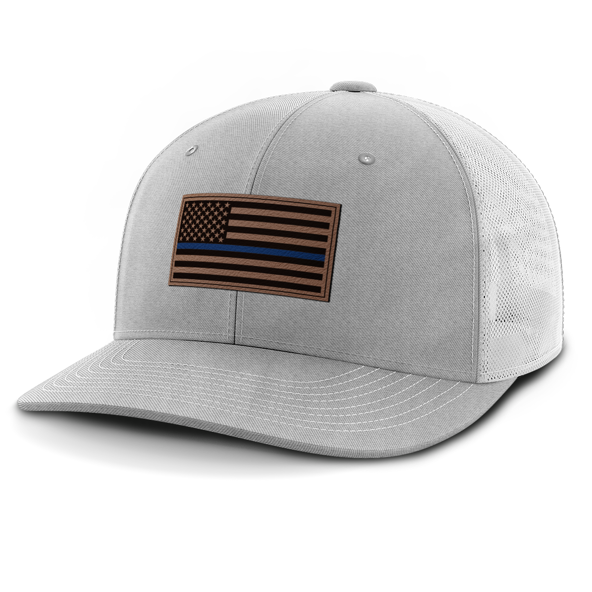 Thin Blue Line Police Flag Hat, Leather Patch Trucker Hat