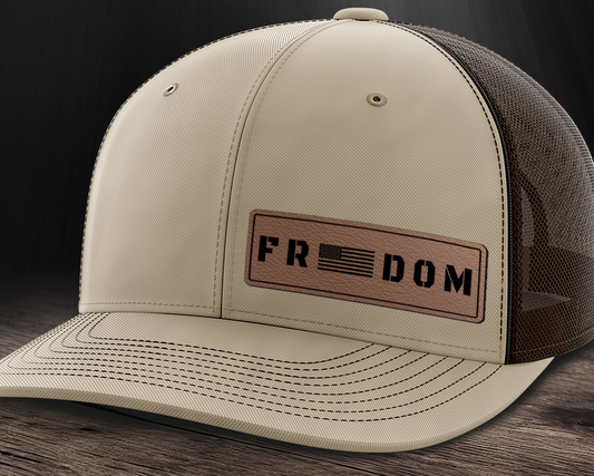 Freedom (left), Leather Patch Trucker Hat