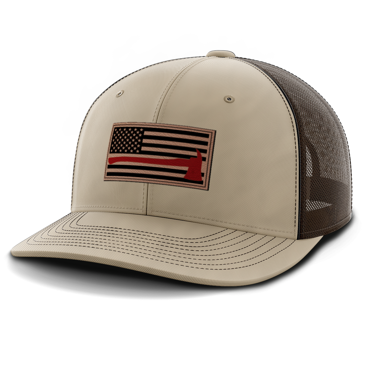 Thin Red Line Firemen Flag Hat with Axe, Leather Patch Trucker Hat