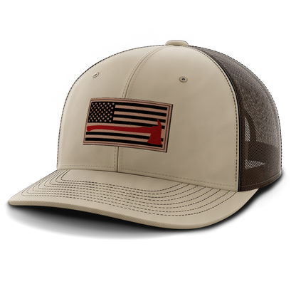 Thin Red Line Firemen Flag Hat with Axe, Leather Patch Trucker Hat