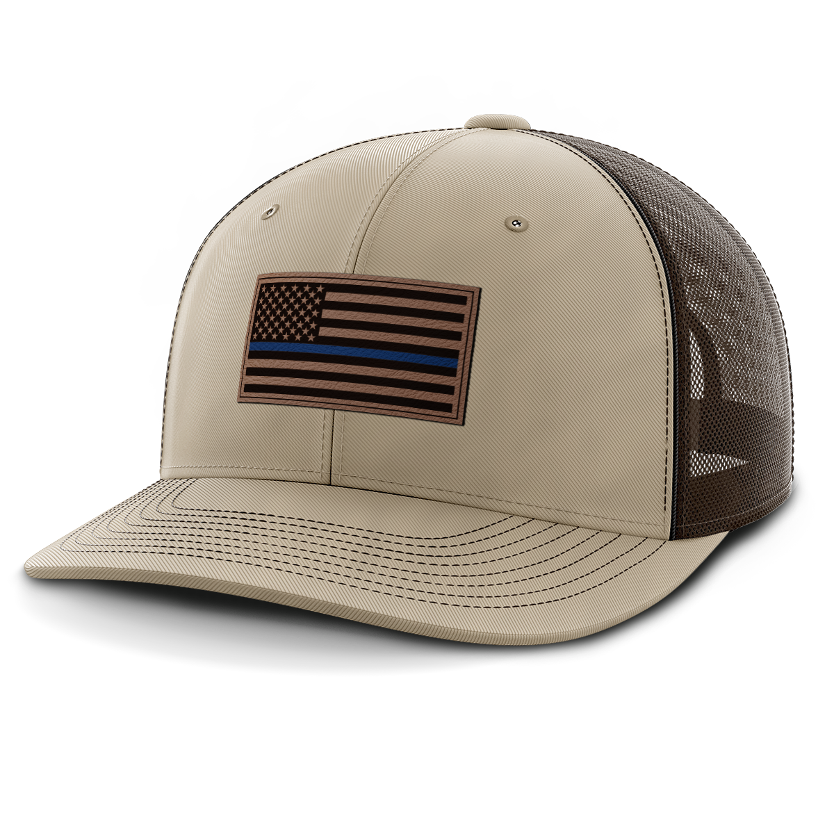 Thin Blue Line Police Flag Hat, Leather Patch Trucker Hat