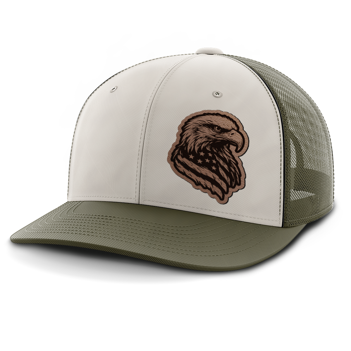 Eagle Flag (left), Leather Patch Trucker Hat