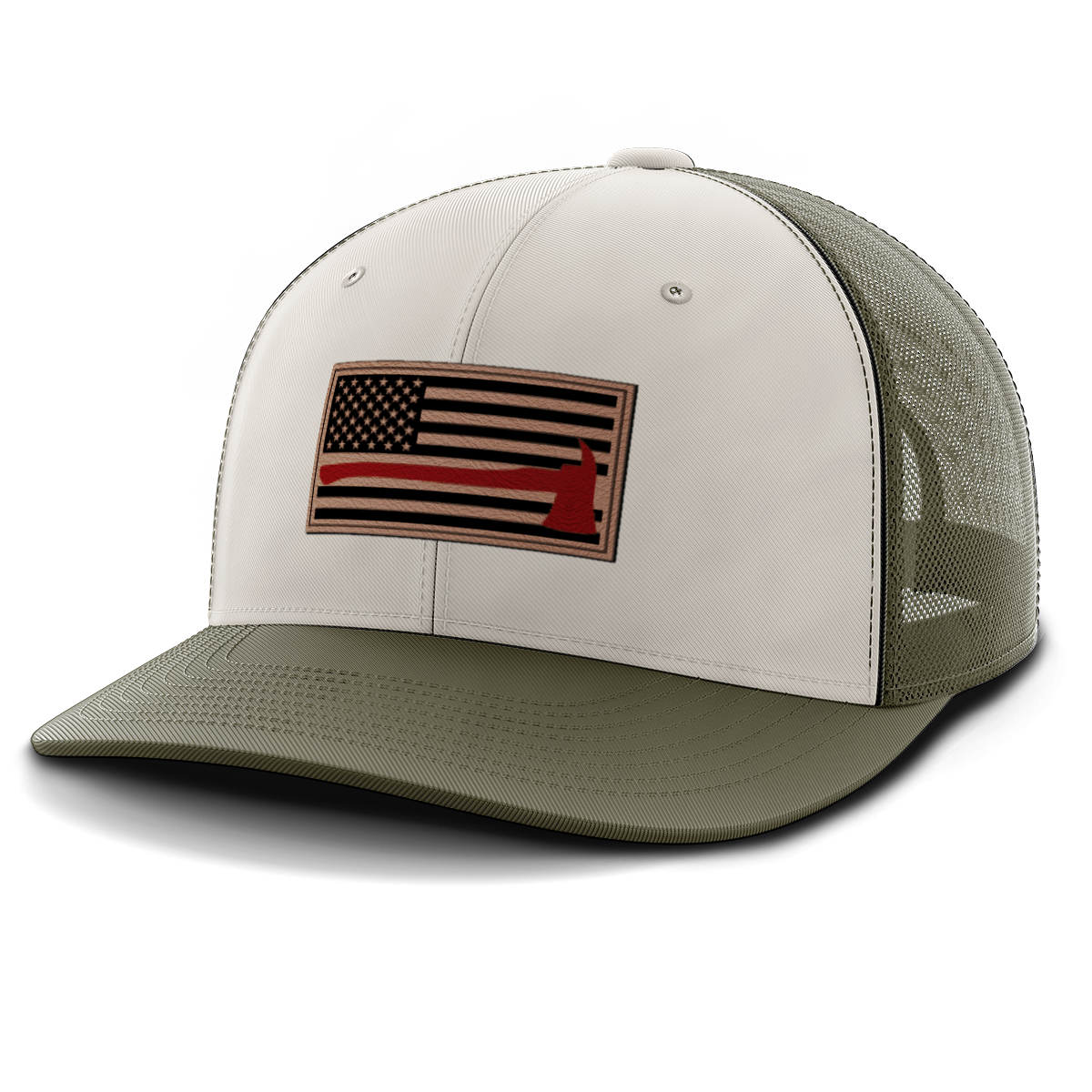 Thin Red Line Firemen Flag Hat with Axe, Leather Patch Trucker Hat