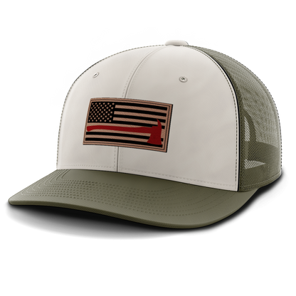 Thin Red Line Firemen Flag Hat with Axe, Leather Patch Trucker Hat
