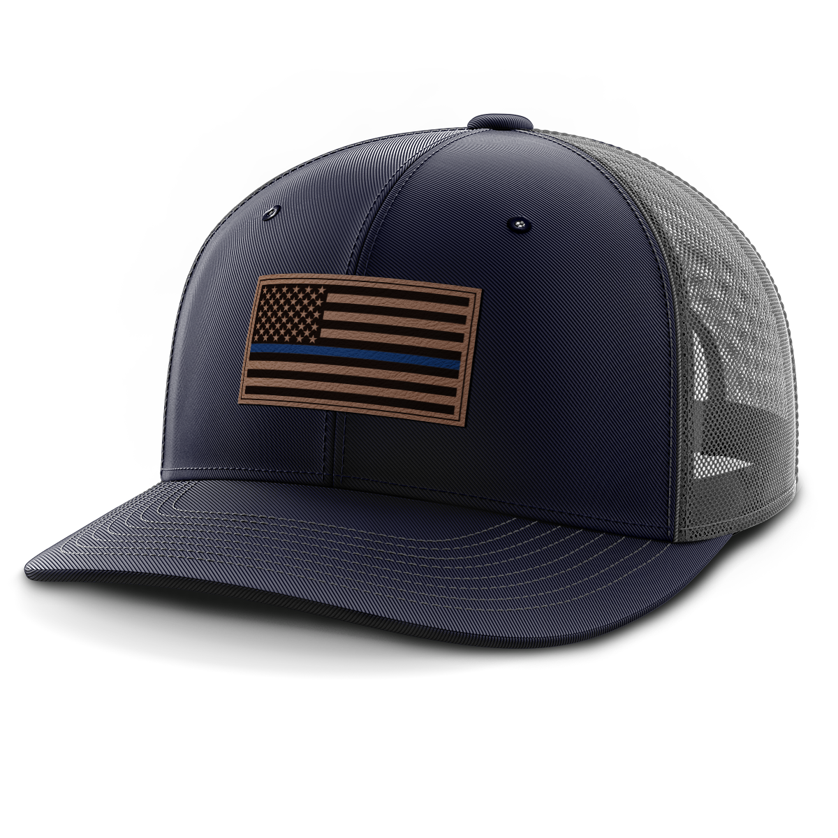 Thin Blue Line Police Flag Hat, Leather Patch Trucker Hat