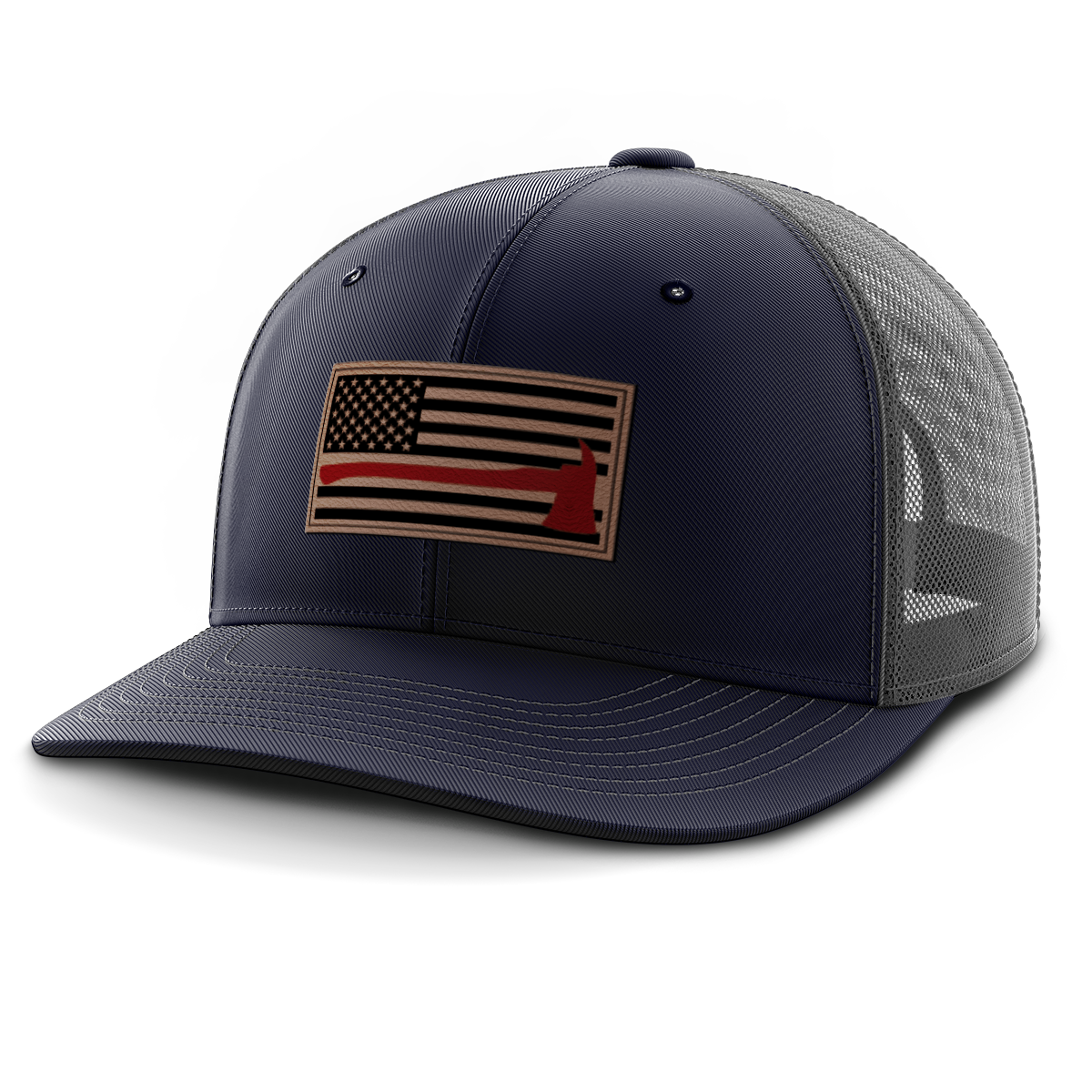 Thin Red Line Firemen Flag Hat with Axe, Leather Patch Trucker Hat