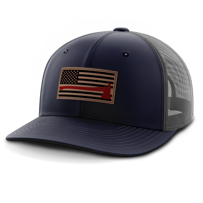 Thin Red Line Firemen Flag Hat with Axe, Leather Patch Trucker Hat