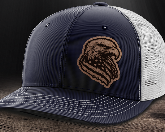 Eagle Flag (left), Leather Patch Trucker Hat