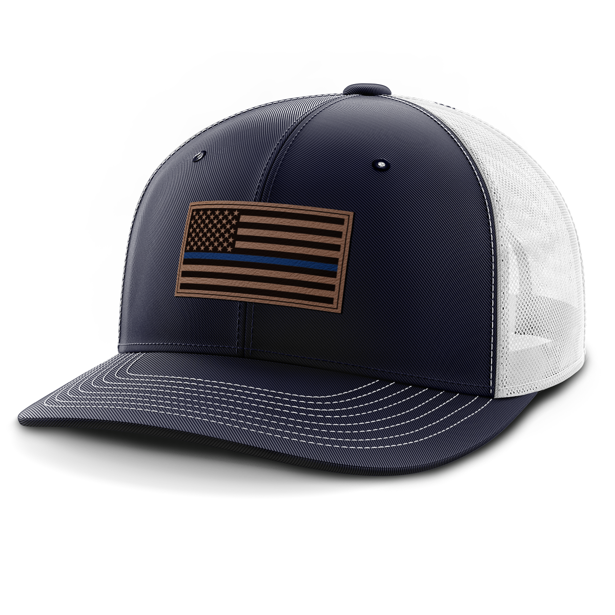 Thin Blue Line Police Flag Hat, Leather Patch Trucker Hat
