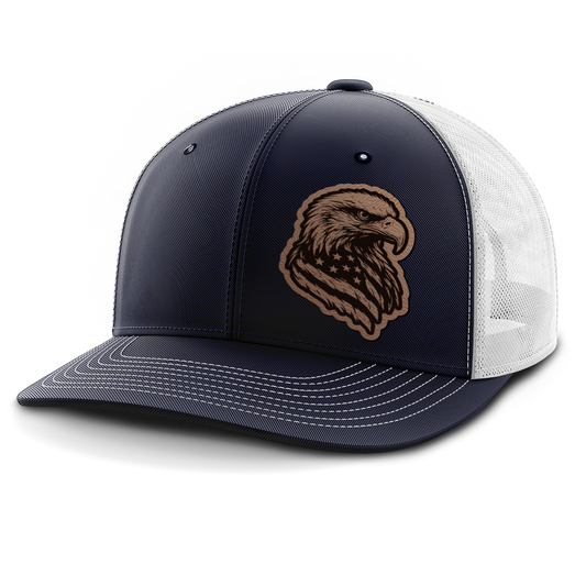 Eagle Flag (left), Leather Patch Trucker Hat