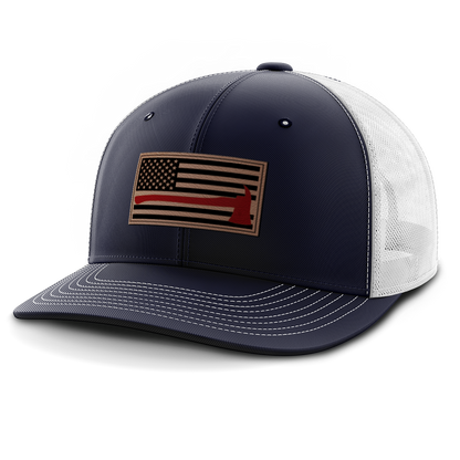 Thin Red Line Firemen Flag Hat with Axe, Leather Patch Trucker Hat