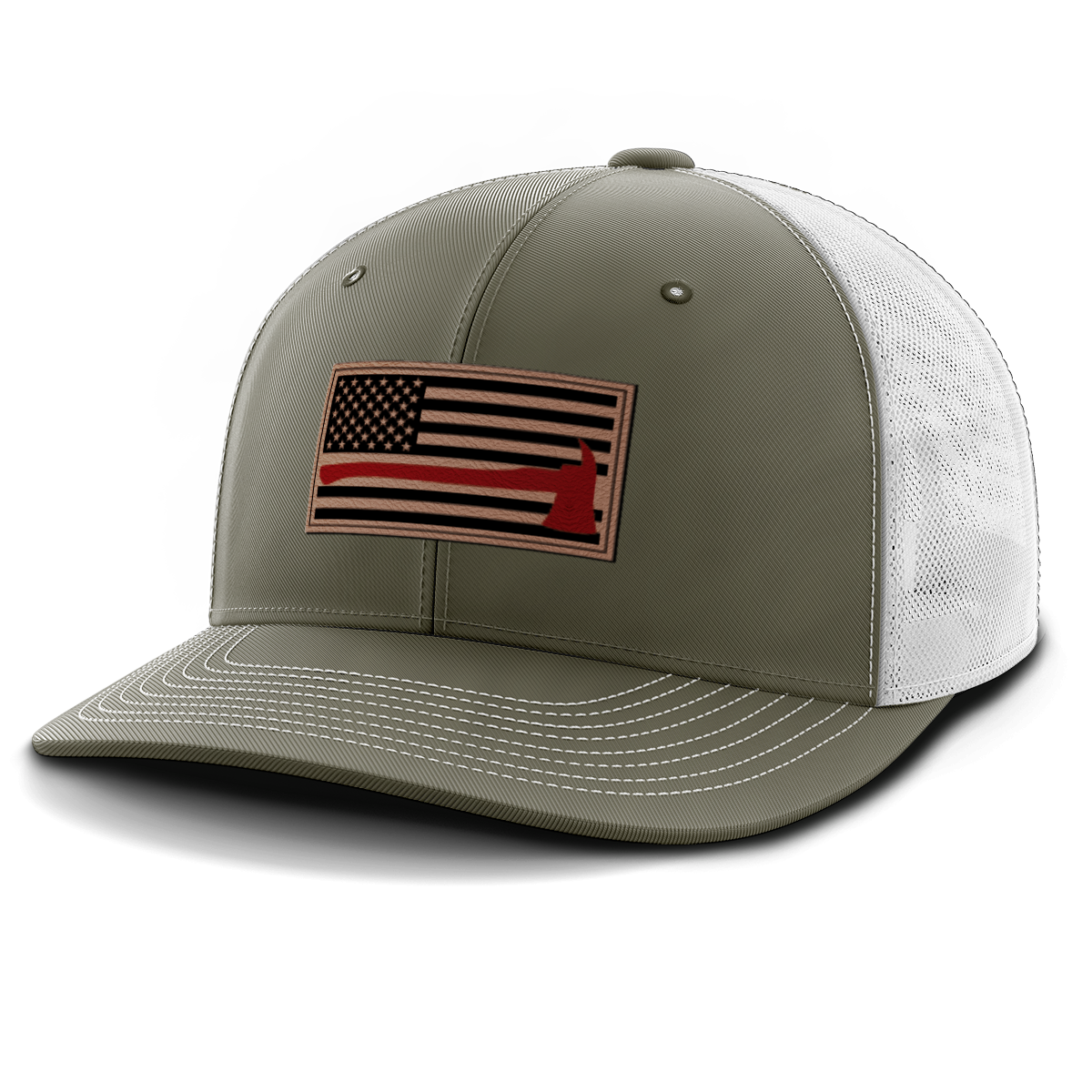 Thin Red Line Firemen Flag Hat with Axe, Leather Patch Trucker Hat