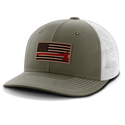 Thin Red Line Firemen Flag Hat with Axe, Leather Patch Trucker Hat