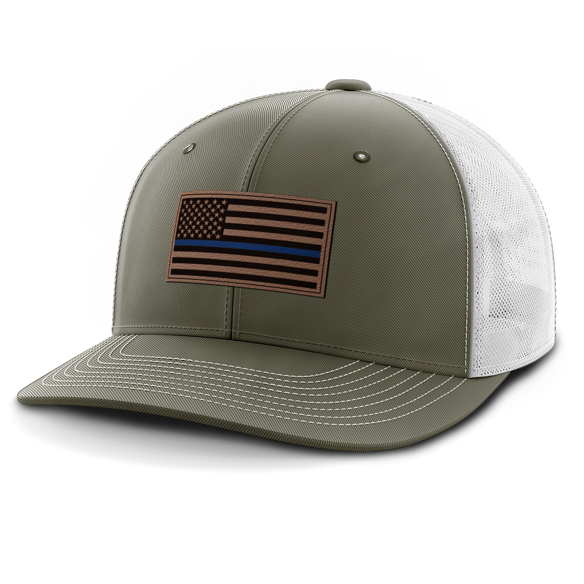 Thin Blue Line Police Flag Hat, Leather Patch Trucker Hat