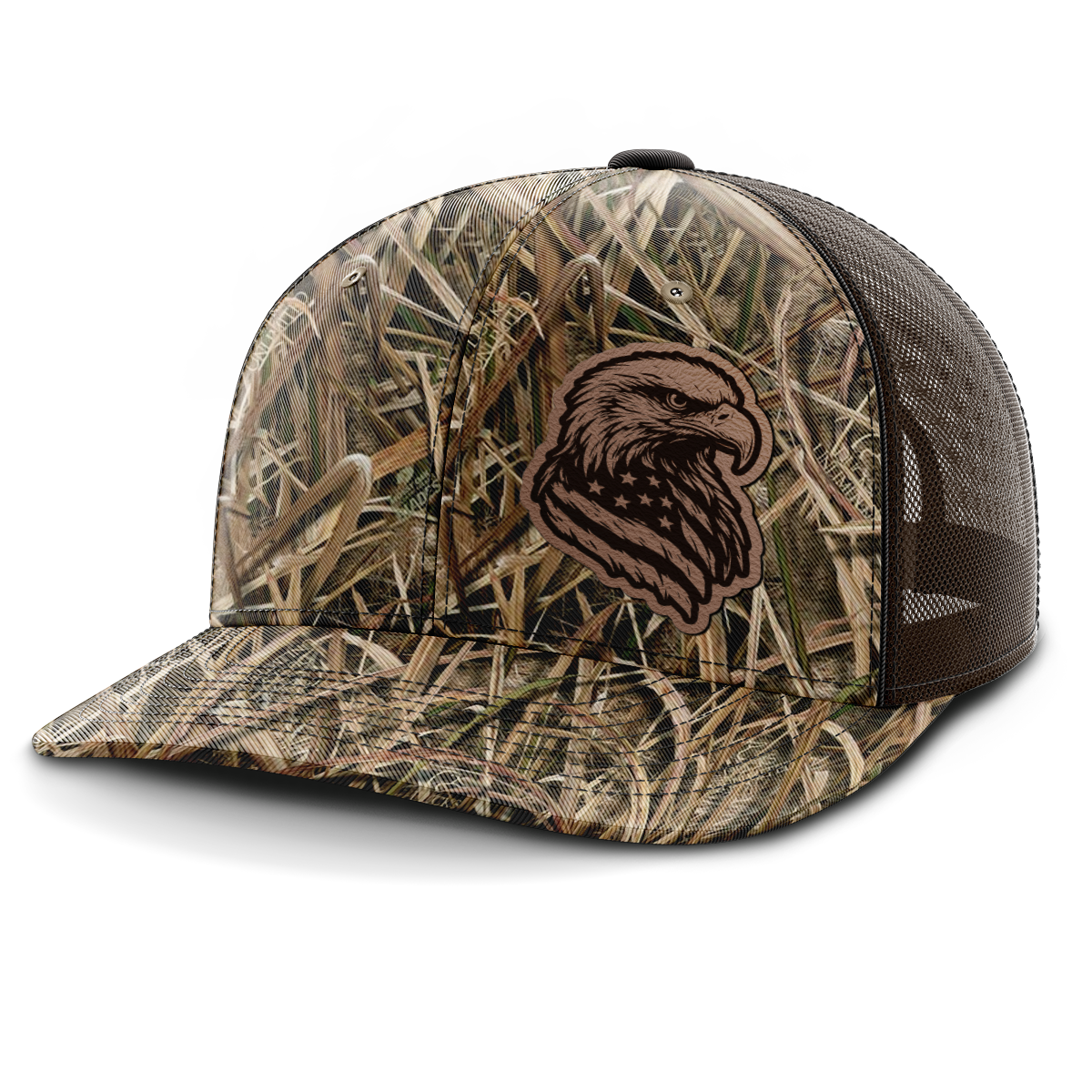 Eagle Flag (left), Leather Patch Trucker Hat