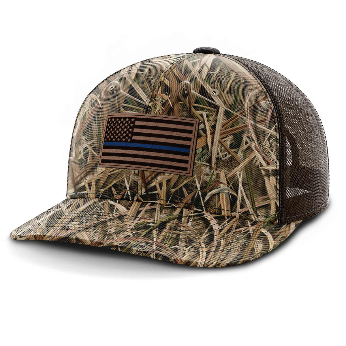 Thin Blue Line Police Flag Hat, Leather Patch Trucker Hat